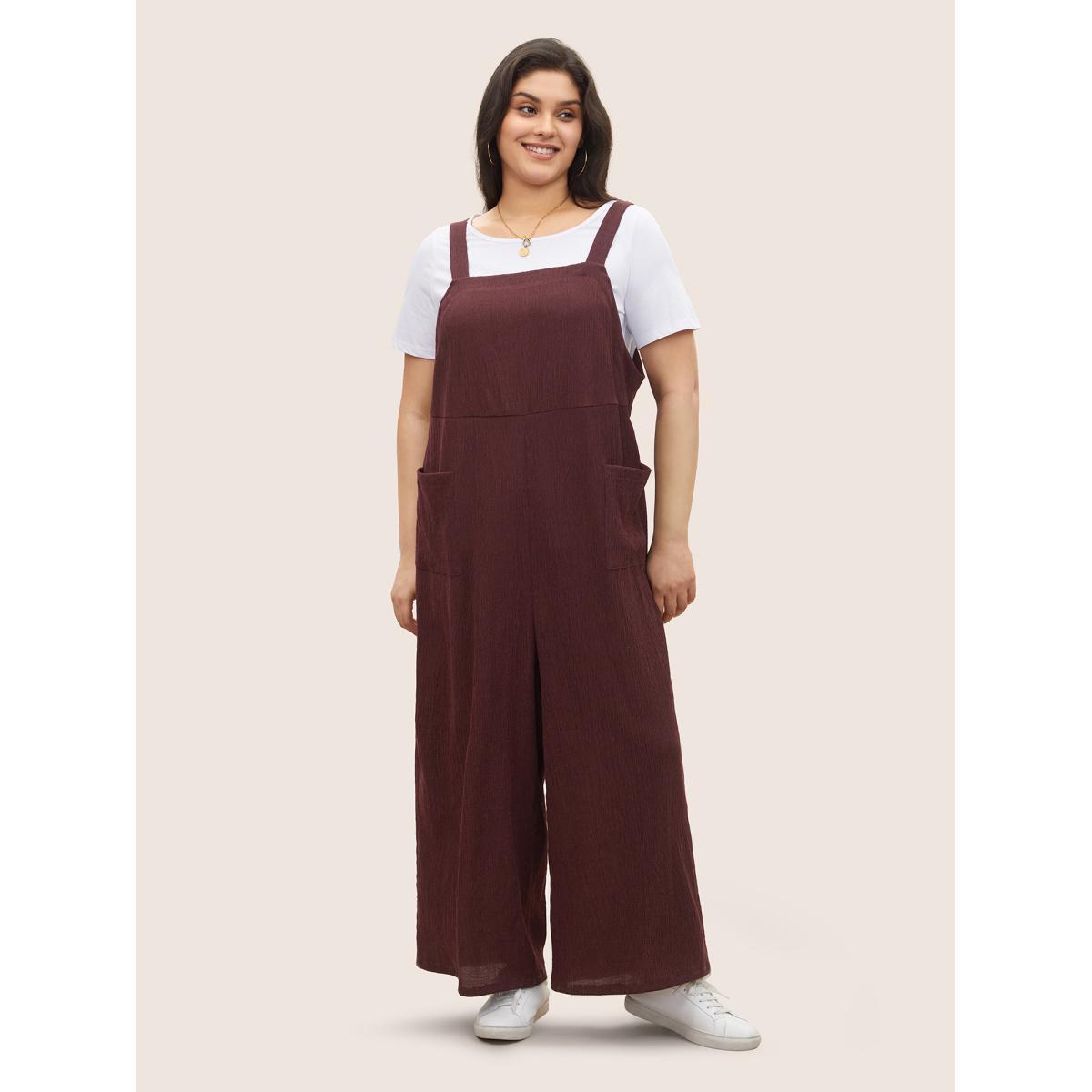 Plus Size Burgundy Plain Textured Patched Pocket Cami Jumpsuit Women Casual Sleeveless Non Everyday Loose Jumpsuits BloomChic 18-20/2X Product Image