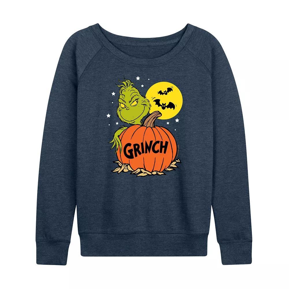 Womens Dr. Seuss Grinch Halloween Pumpkin French Terry Long Sleeve Tee Grey Indigo Product Image