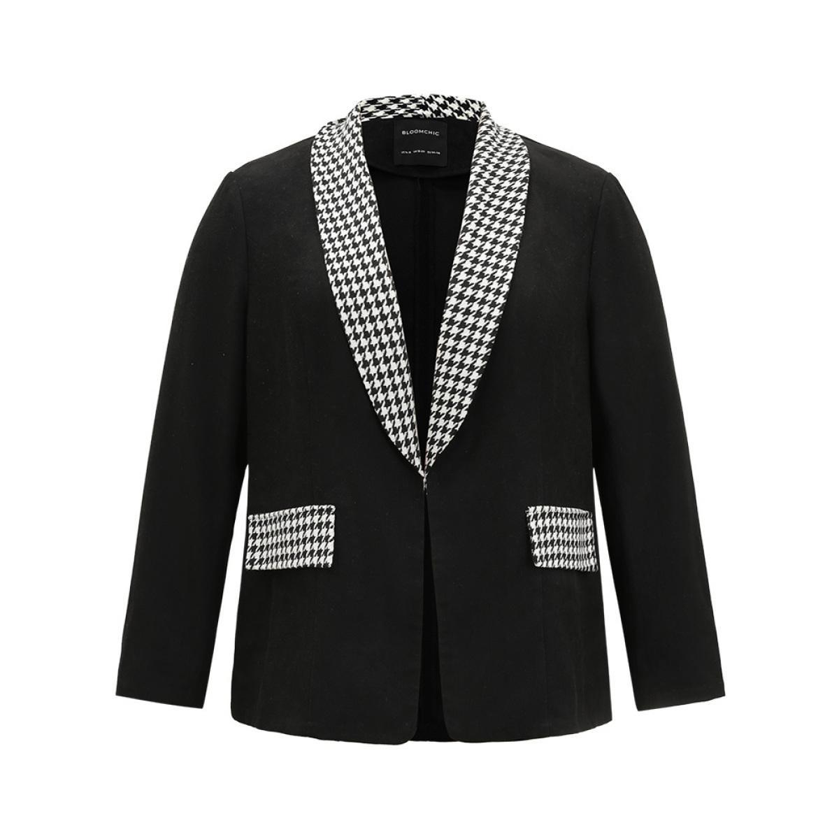 Plus Size Houndstooth Patchwork Contrast Twill Lapel Collar Blazer Black Women Dailywear Houndstooth Contrast Sleeve Long Sleeve Lapel Collar 10/M Casual Blazers BloomChic Product Image