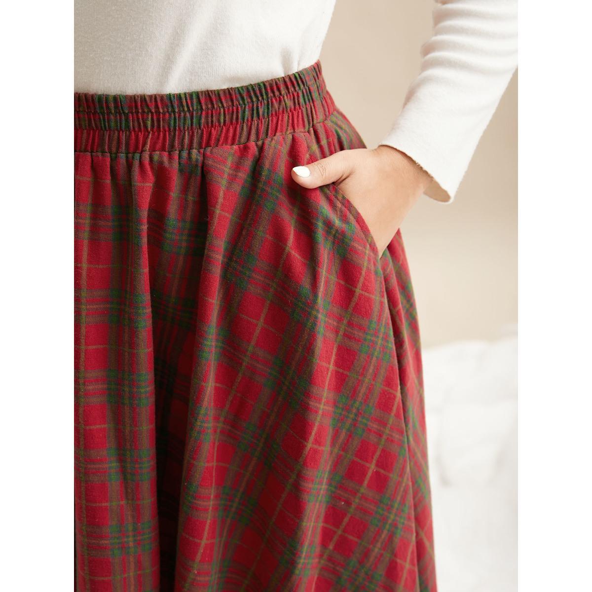 Plus Size Plaid Pattern Asymmetrical Hemline Midi Skirt Women Crimson Elegant Asymmetrical Loose No stretch Slanted pocket Everyday Skirts BloomChic 18-20/2X Product Image
