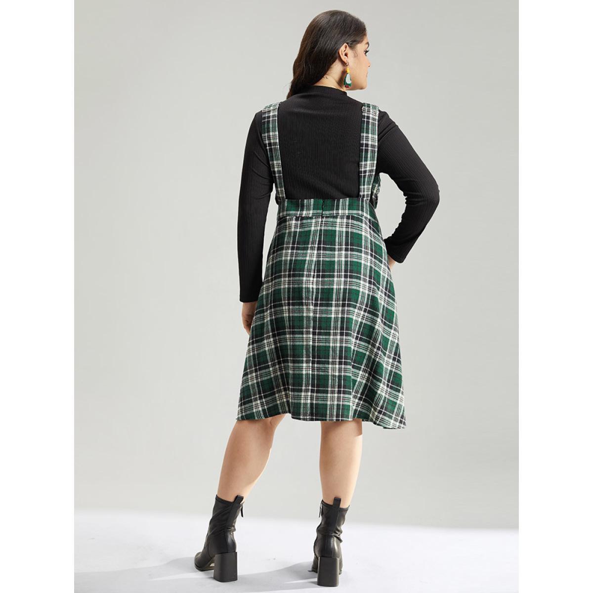 Plus Size Christmas Plaid Patched Pocket Overall Cami Dress DarkGreen Women Elegant Adjustable Straps Spaghetti Strap Sleeveless Curvy Midi Dress BloomChic 10/M Product Image