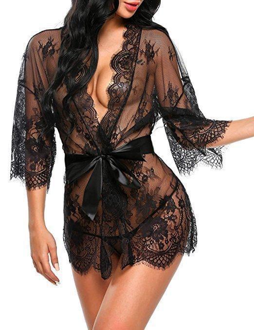 3/4 Sleeve V-Neck Plain Lace Tie-Up Robe Product Image