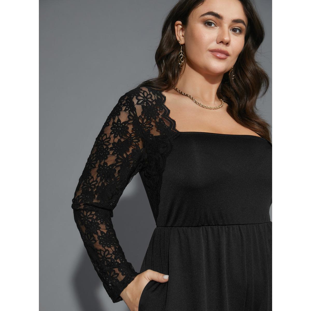 Plus Size Black Lace Mesh Sleeves Square Neck Jumpsuit Women Cocktail Long Sleeve Square Neck Party Loose Jumpsuits BloomChic 10/M Product Image