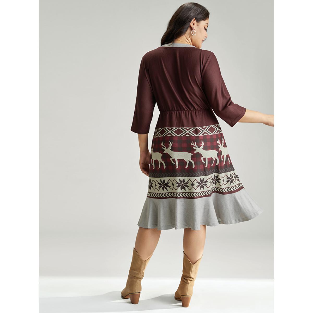 Plus Size Christmas Elk Elastic Waist Patchwork Button Detail Dress Scarlet Women Casual Printed V-neck Elbow-length sleeve Curvy Midi Dress BloomChic 18-20/2X Product Image