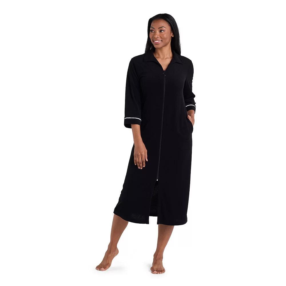 Women's Miss Elaine Essentials Terry Long Zip Robe, Size: Medium, Black Product Image