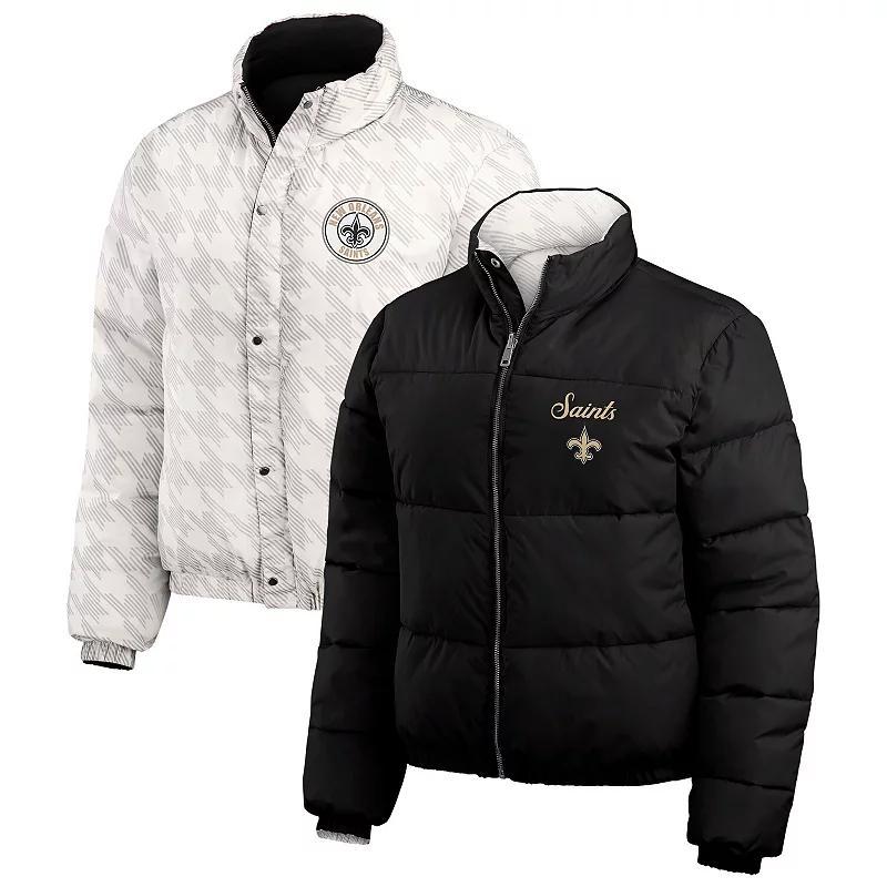 Women's WEAR by Erin Andrews  Black/White New Orleans Saints Reversible Cropped Full-Zip Puffer Jacket, Size: Small Product Image