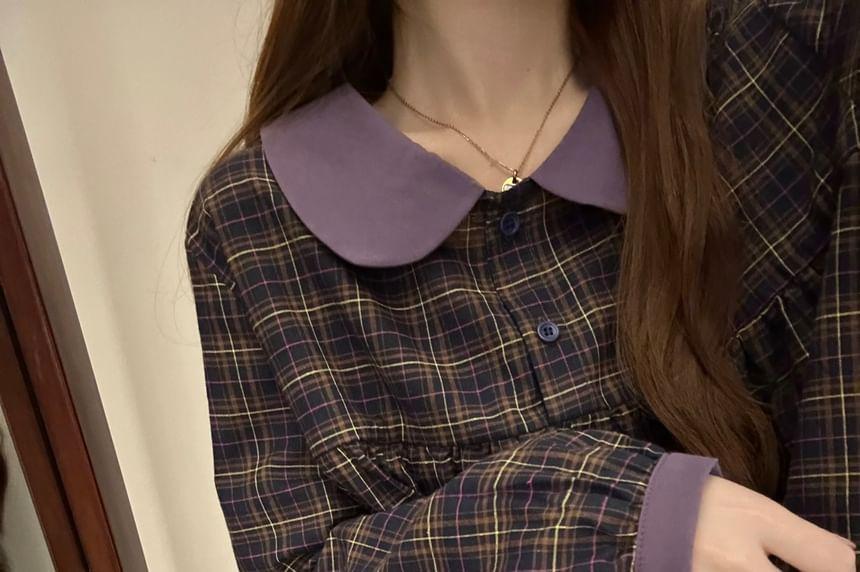 Pajama Set: Plaid Contrast Collar Blouse + Pants Product Image