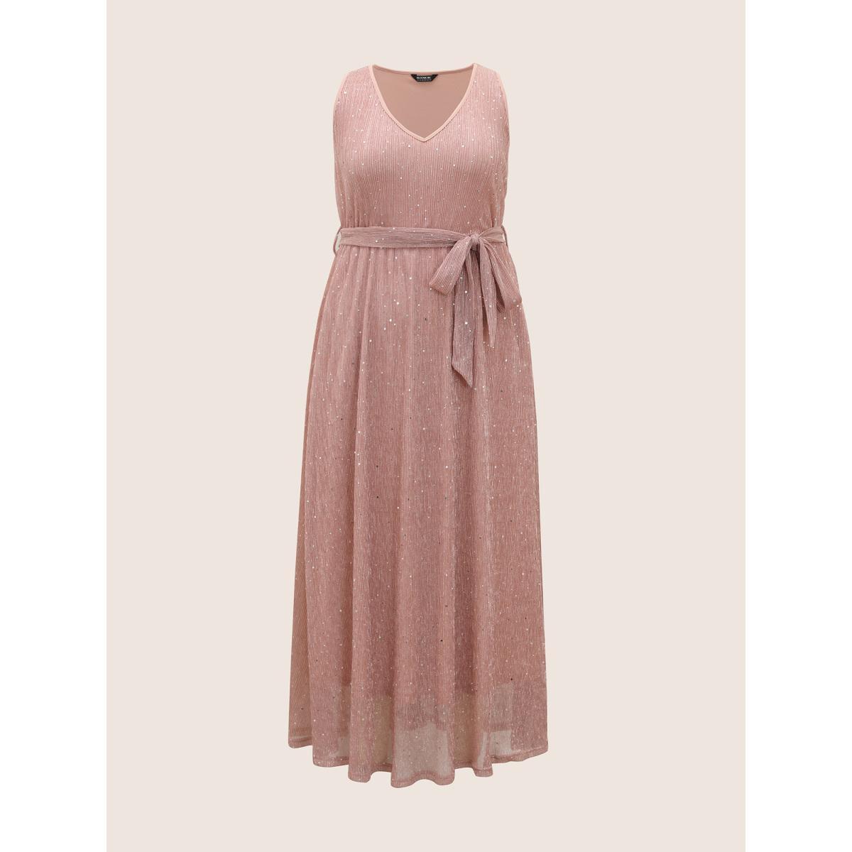Plus Size Glitter Mesh V Neck Sleeveless Belted Dress Crepe Women Formal Texture V-neck Sleeveless Curvy BloomChic 14-16/1X Product Image