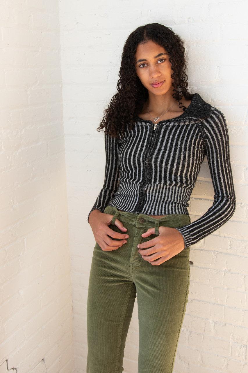Fold Over Collar Ribbed Zip Up Sweater Product Image