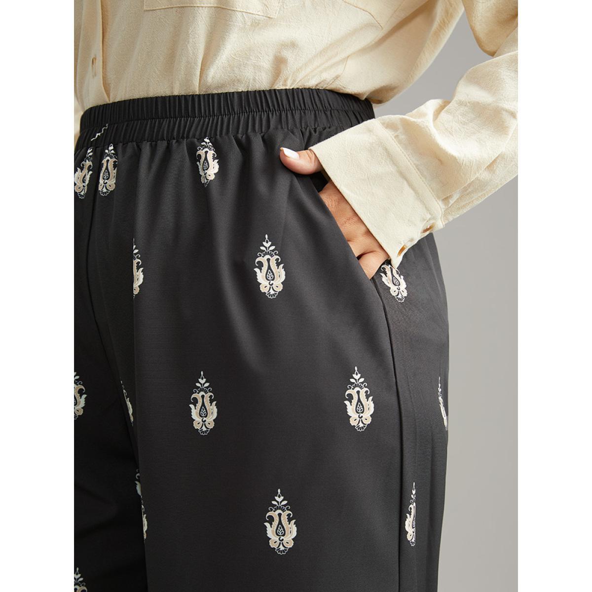 Plus Size Paisley High Rise Elastic Waist Pants Women Black Resort Wide Leg High Rise Vacation Pants BloomChic 14-16/1X Product Image