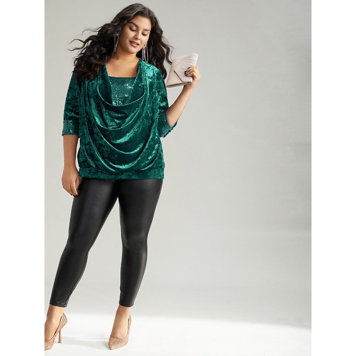 Plus Size Emerald Cowl Neck 2-In-1 Sequin Patchwork Blouse Women Cocktail Elbow-length sleeve Cowl Neck Party Blouses BloomChic 18-20/2X Product Image