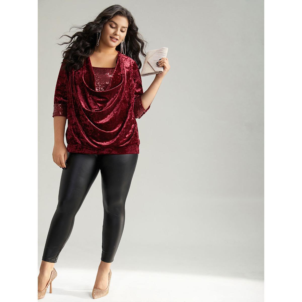 Plus Size Scarlet Cowl Neck 2-In-1 Sequin Patchwork Blouse Women Cocktail Elbow-length sleeve Cowl Neck Party Blouses BloomChic 10/M Product Image