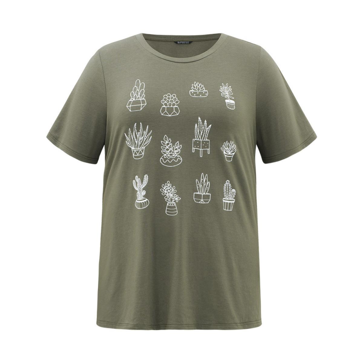 Plus Size Plants Print Round Neck T-shirt ArmyGreen Women Casual Printed Natural Flowers Dailywear T-shirts BloomChic 10/M Product Image