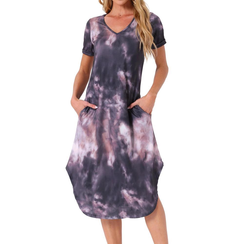 cheibear Women's V Neck Short Sleeve Long Nightgown Lounge Dress with Pocket Tie Dye Black Pink Medium Product Image