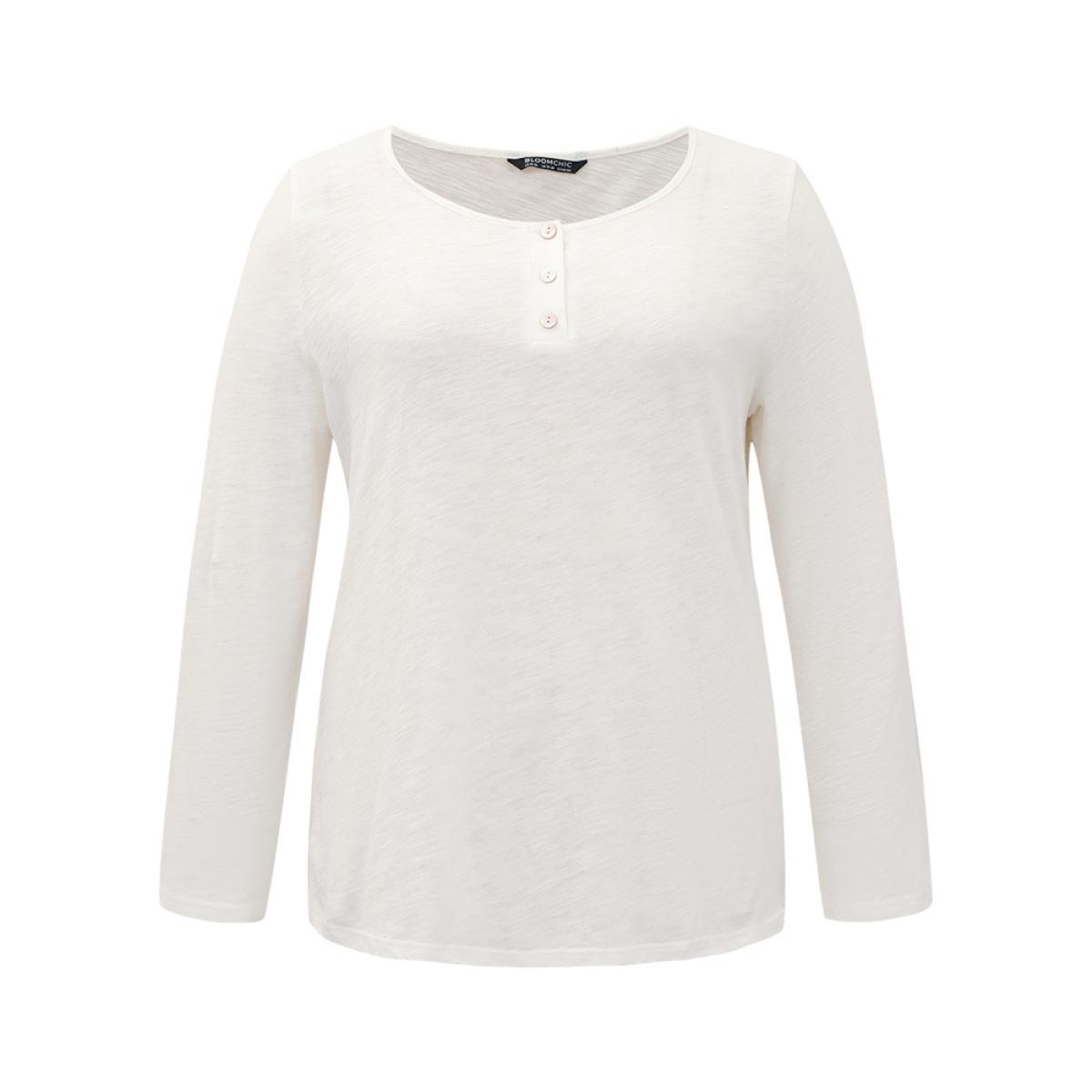 Plus Size Cotton Solid Button Up Crew Neck T-shirt White Women Casual Plain Plain Open Front Dailywear T-shirts BloomChic 18-20/2X Product Image