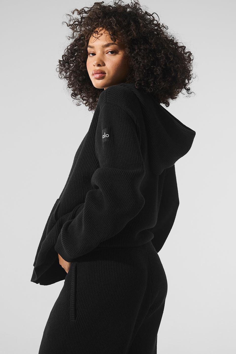 Domain Rib Knit Full Zip Sweater - Black Product Image