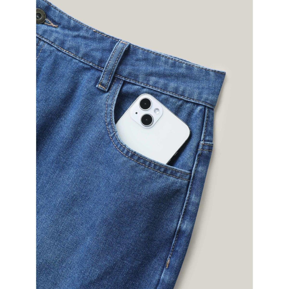 Plus Size A-Line Seamed Maxi Denim Skirt Women Midblue Everyday-Elegant No stretch Medium Wash 10/M Slanted pocket Denim Skirts BloomChic Product Image