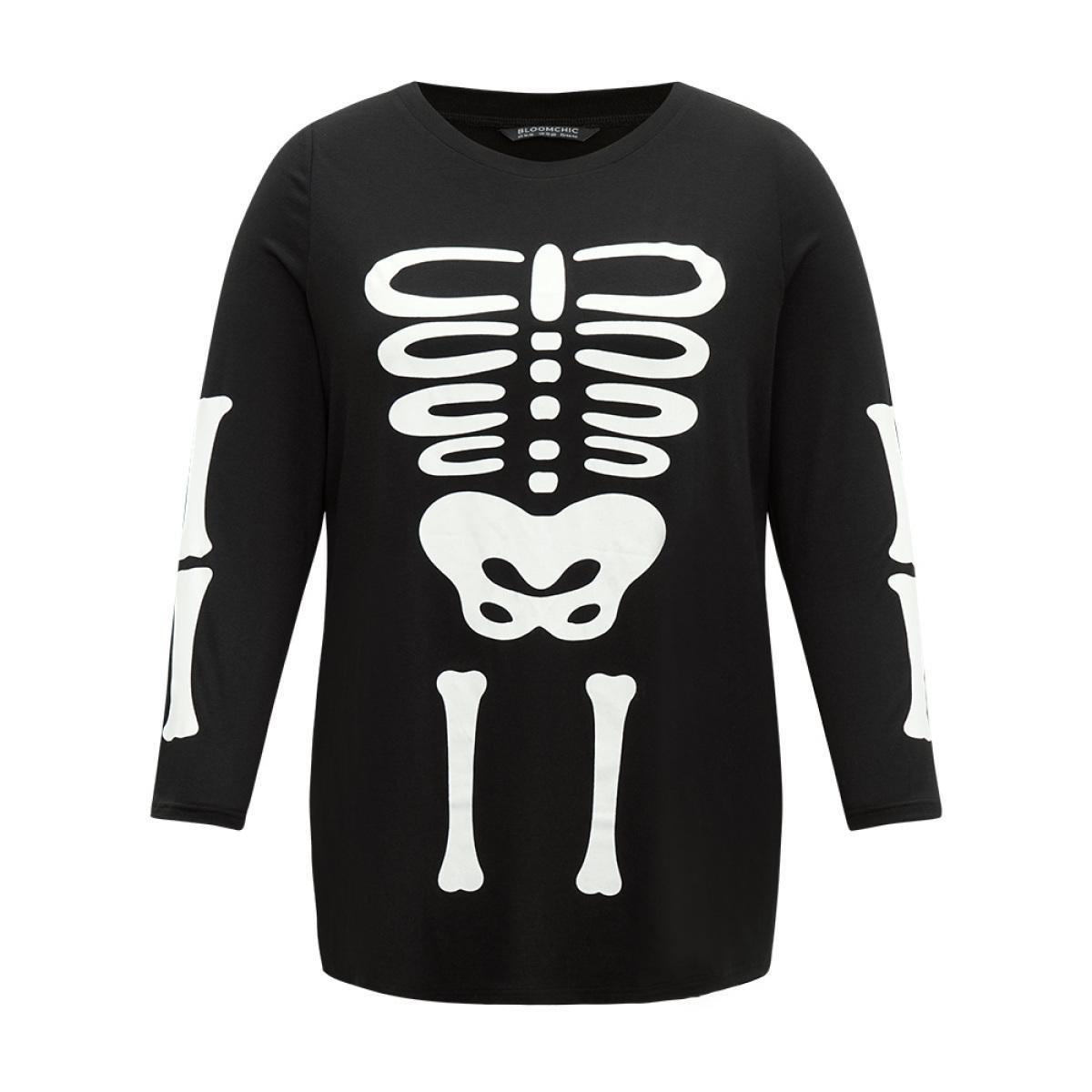 Plus Size Halloween Skull Print Crew Neck T-shirt Black Women Casual Printed Halloween Round Neck Festival-Halloween T-shirts BloomChic 14-16/1X Product Image