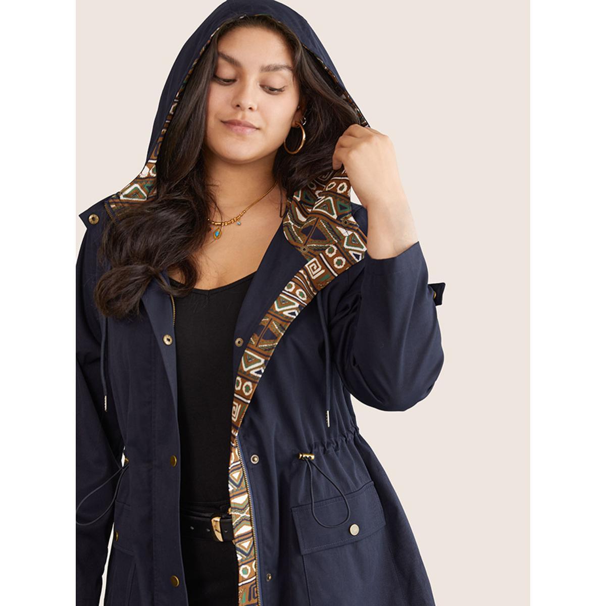 Plus Size Bandana Print Hooded Drawstring Snap Button Jacket Women Indigo Patchwork Pocket Everyday Jackets BloomChic 14-16/1X Product Image