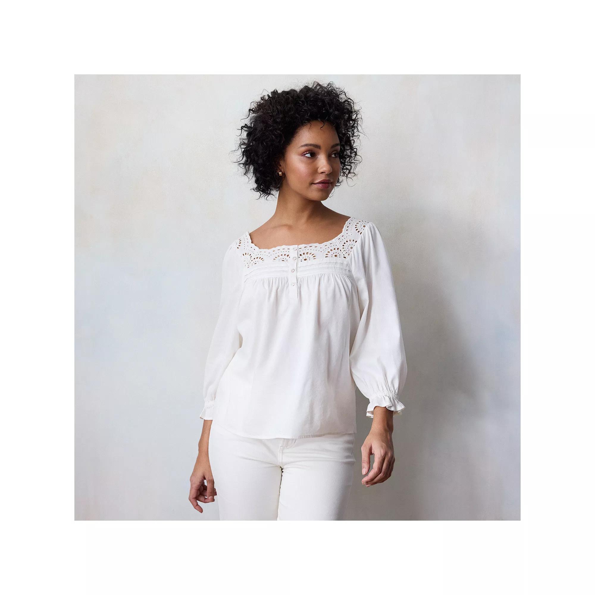 Women's LC Lauren Conrad Henley Puff Sleeve Peasant Top, Size: Medium, Ivory Silk Product Image