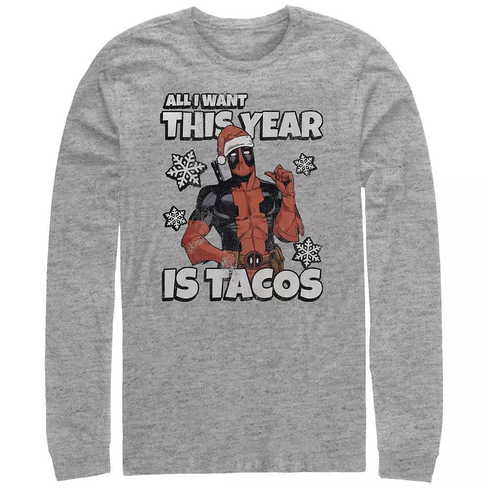 Big & Tall Marvel Deadpool All I Want This Year Is Tacos Xmas Long Sleeve Graphic Tee, Men's, Size: XL Tall, Athletic Grey Product Image