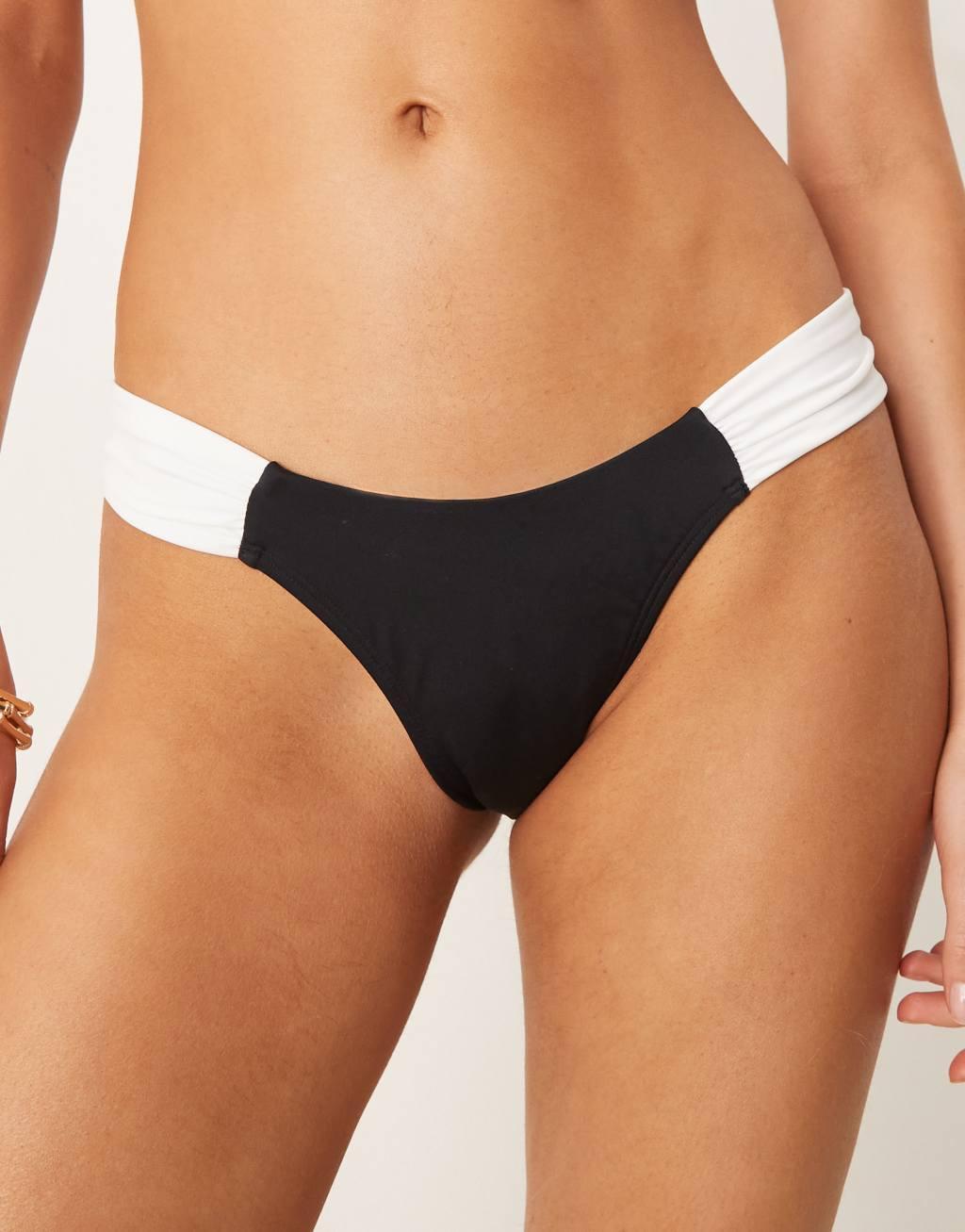 Free Society contrast ruched side bikini bottom in black Product Image