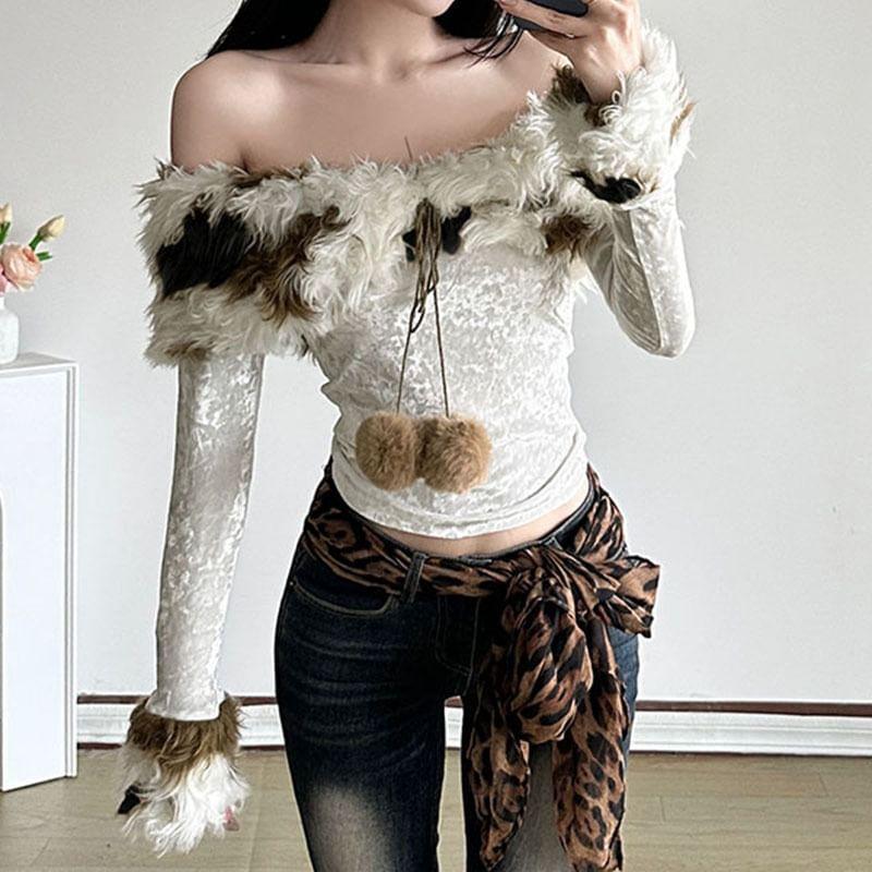 Long Sleeve Faux Fur Trim Fluffy Ball Accent Velvet Slim-Fit Crop Top Product Image