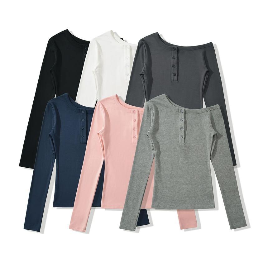 Cold-Shoulder Long-Sleeve Plain Henley Tee Product Image