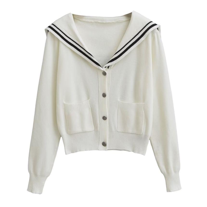 Sailor Collar V-Neck Striped Trim Crop Cardigan Product Image