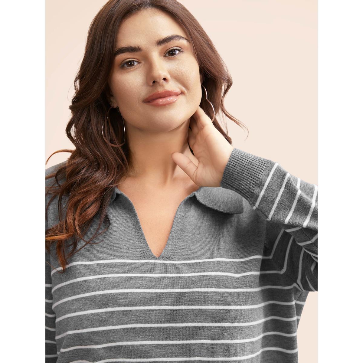 Plus Size Supersoft Essentials Striped Knit Pullover Mediumgray Women Workwear Essentials Three Quater Length Sleeve Polo Work Pullovers BloomChic 30/6X Product Image