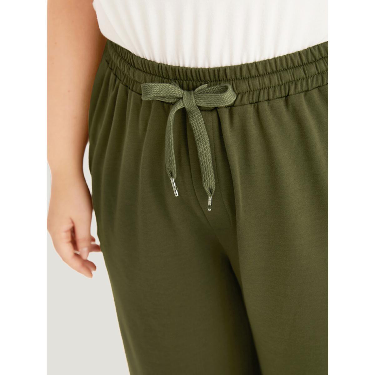Plain Pocket Elastic Waist Button Detail Drawstring Sweatpants ArmyGreen Plus Size Women Casual Dailywear Plain 28/5X Bloomchic Product Image