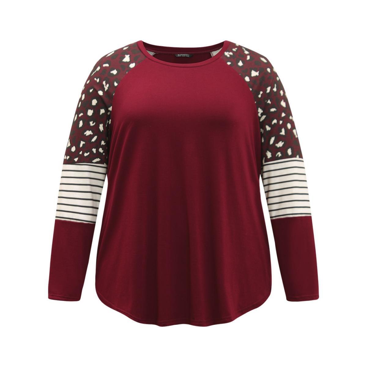 Plus Size Leopard Striped Patchwork Raglan Sleeve T-shirt Burgundy Women Casual Contrast Leopard Round Neck Dailywear T-shirts BloomChic 10/M Product Image