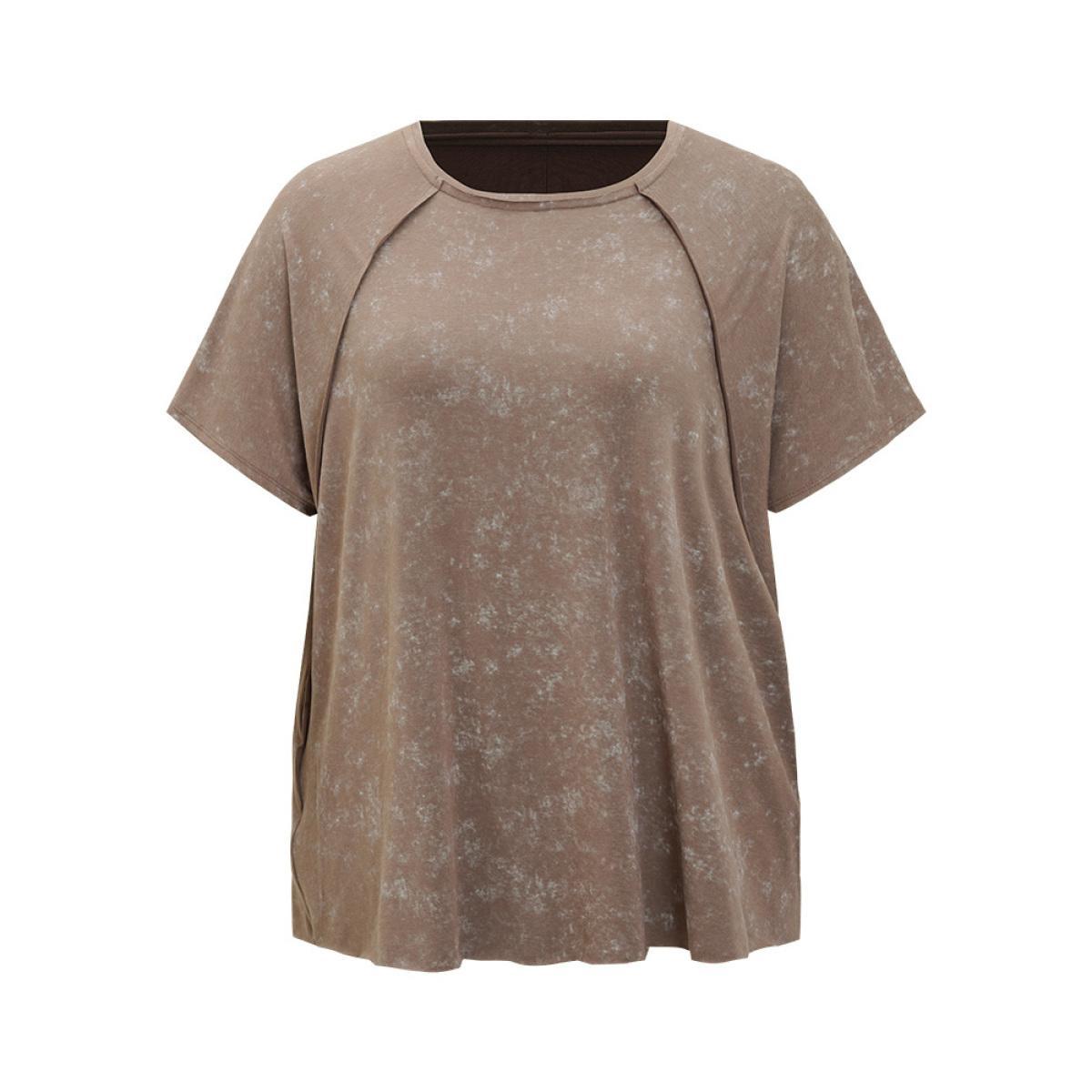 Plus Size Solid Patched Back Raglan Sleeve Heather Vintage T-shirt DarkBrown Women Casual Heather Plain Round Neck Dailywear T-shirts BloomChic 14-16/1X Product Image