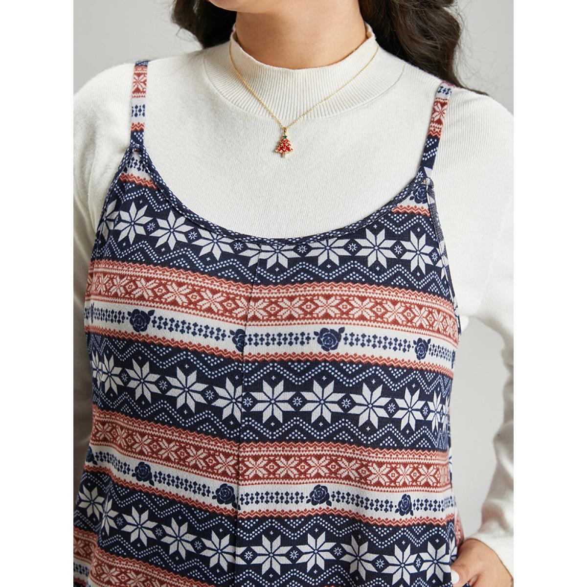 Plus Size DarkBlue Snowflake Graphic Pocket Overall Cami Jumpsuit Women Elegant Sleeveless Spaghetti Strap Dailywear Loose Jumpsuits BloomChic 12/L Product Image