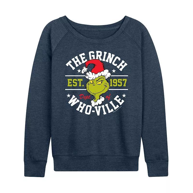 Womens Dr. Seuss The Grinch Dept Of Whoville French Terry Long Sleeve Tee, Girls Grey Indigo Product Image