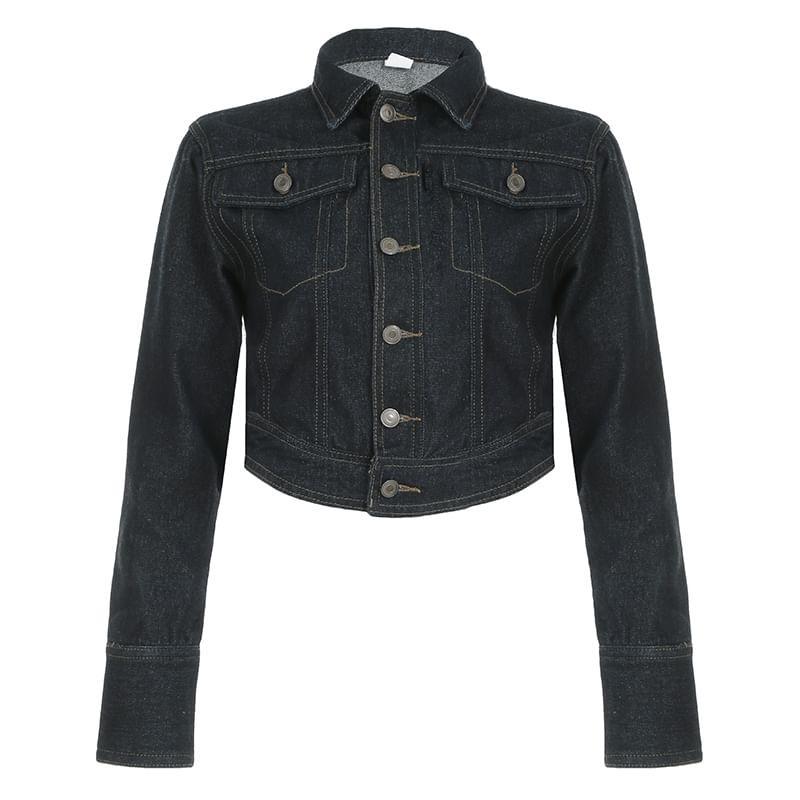Pocket Detail Denim Cropped Single-Breasted Jacket Product Image