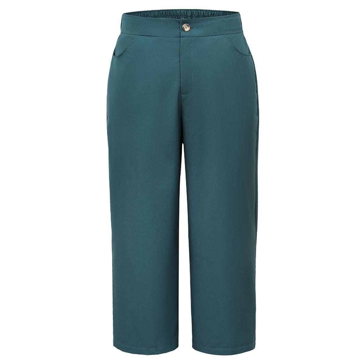 Plus Size Elastic Waist Solid Pocket Straight Leg Pants Women Cyan Office Straight Leg High Rise Dailywear Pants BloomChic 18-20/2X Product Image