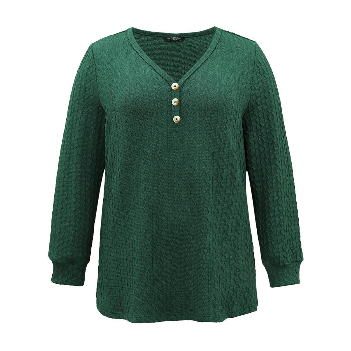 Plus Size Textured Plain Button Up V Neck Sweatshirt Women Green Casual Texture V-neck Dailywear Sweatshirts BloomChic 28/5X Product Image