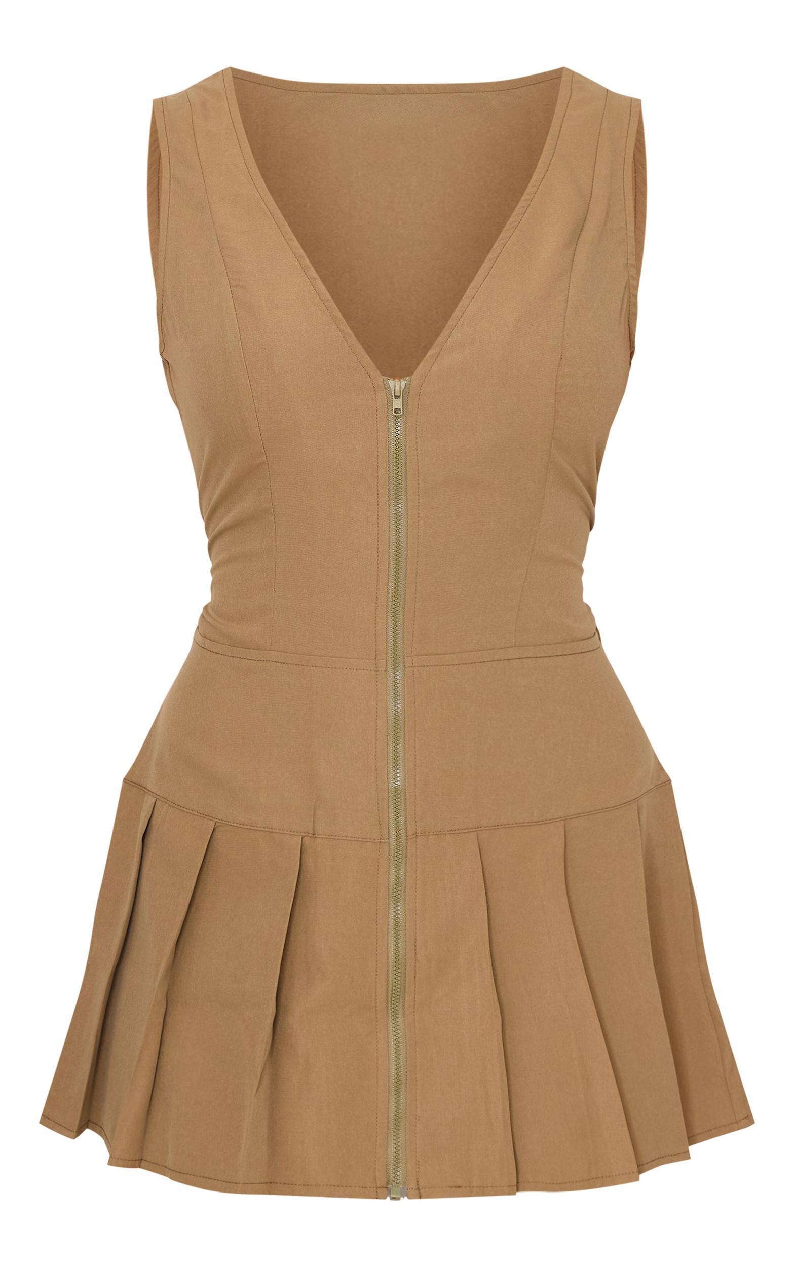 Khaki Tailored Woven Zip Pleated Shift Dress Product Image
