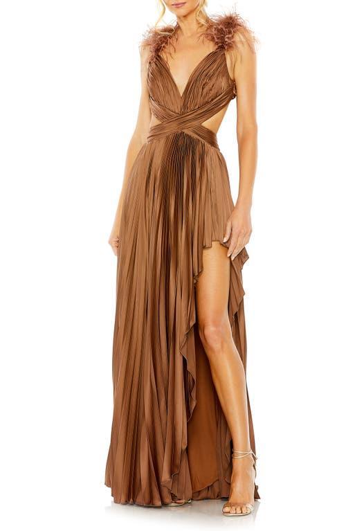 Mac Duggal Womens Ieena Pleated Feather Cap Sleeve Open Back Gown Product Image