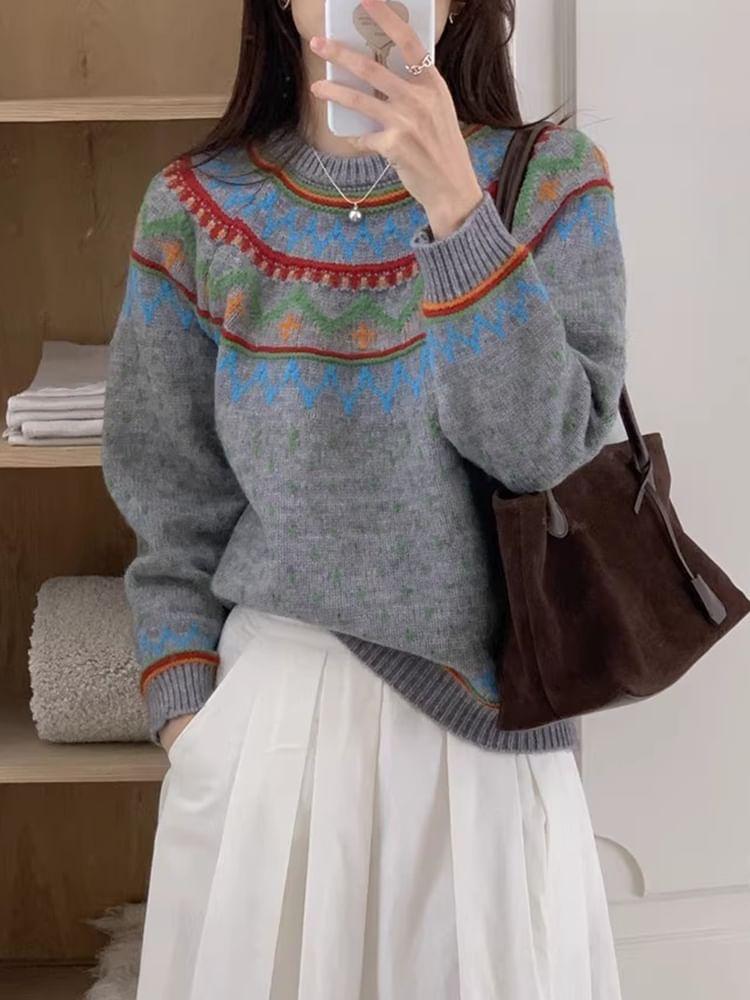 Crew Neck Patterned Sweater Product Image