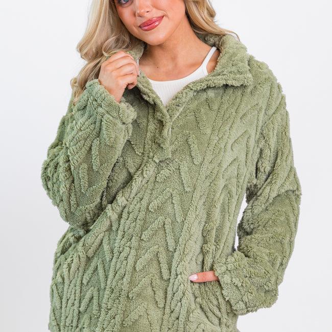 Take The Leap Olive Cable Detail Sherpa Pullover FINAL SALE Product Image