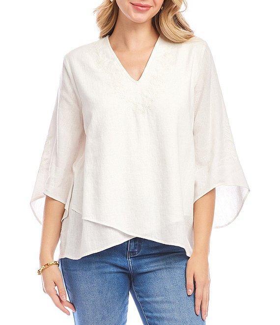 Karen Kane Linen Blend Bracelet Sleeve Embroidered Asymmetric Top Product Image