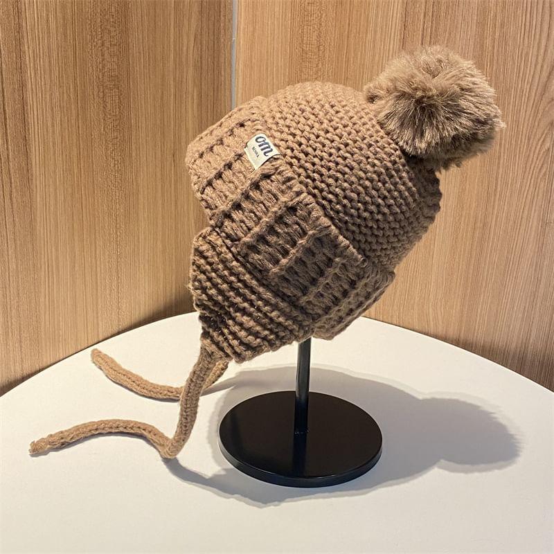 Lettering Applique Pom Pom Knit Beanie Product Image