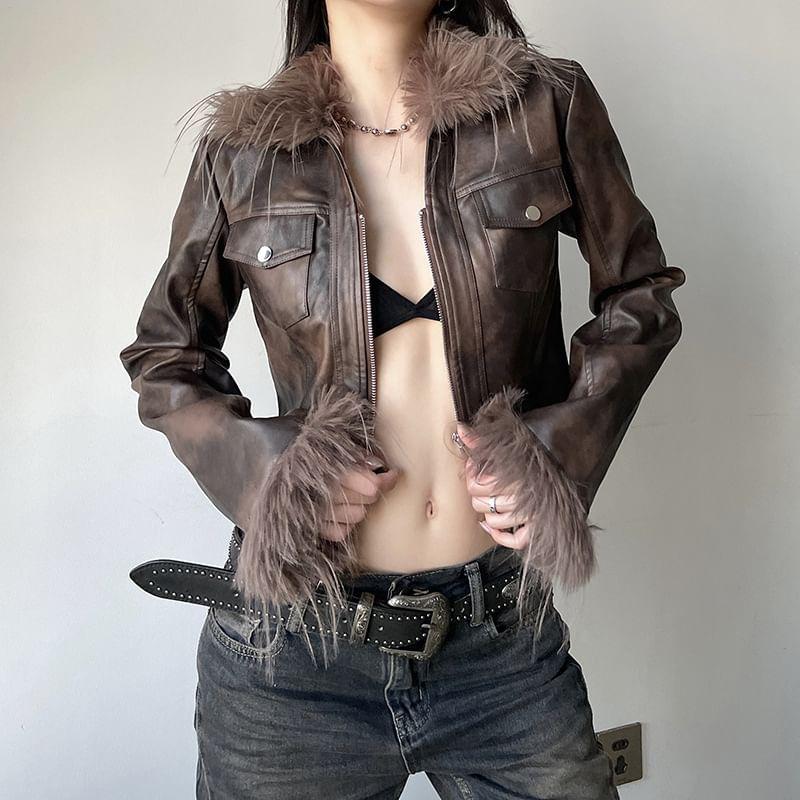 Fluffy Collared Faux Leather Zip Cropped Jacket Product Image