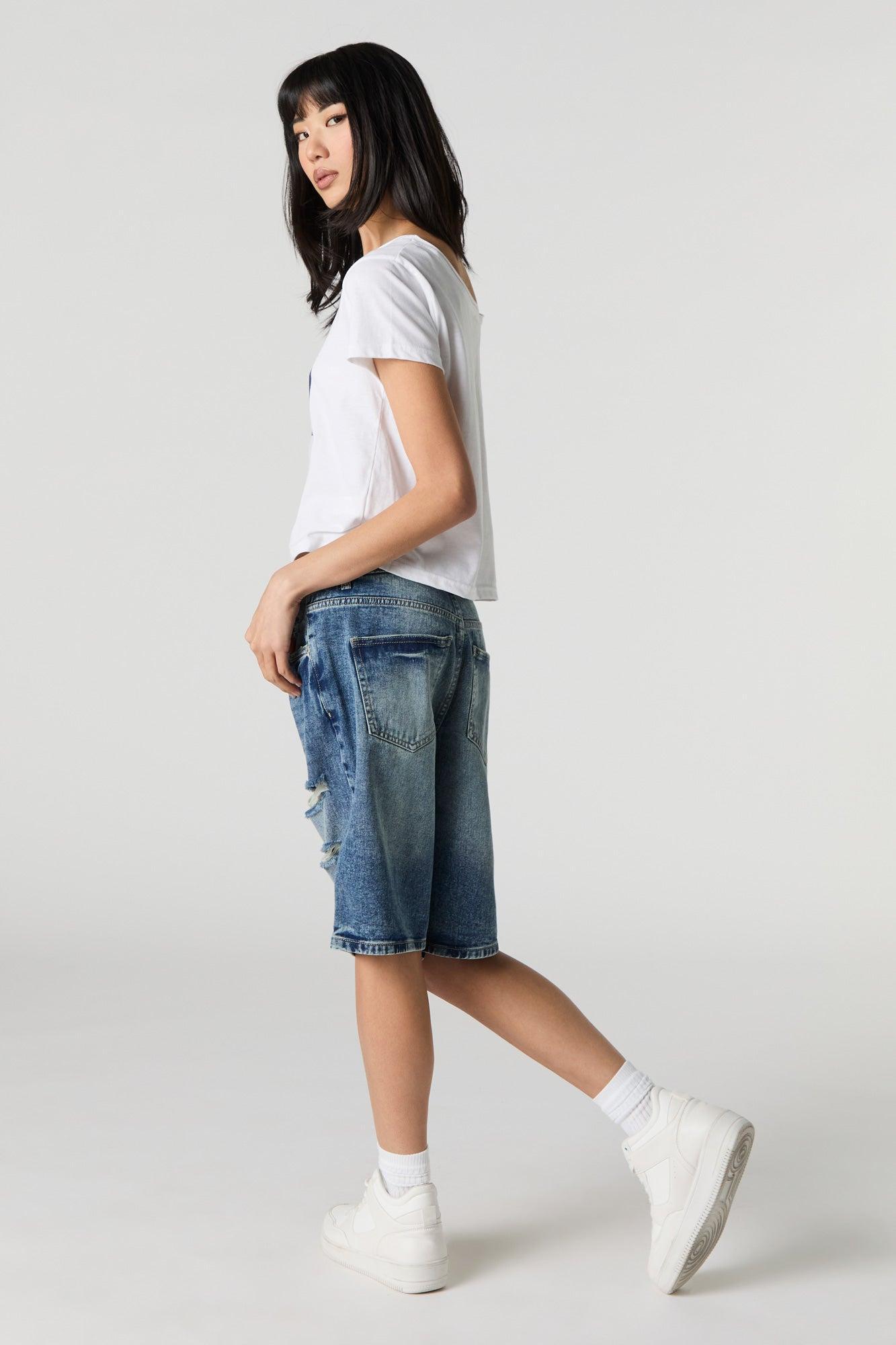 Dark Wash Distressed Denim Jort Female Product Image