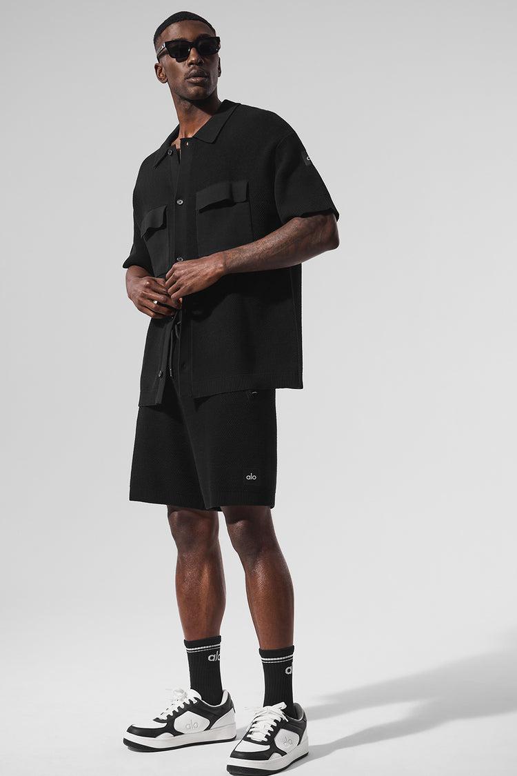 Sports Club Sweater Knit Short Sleeve Button Up - Black Product Image
