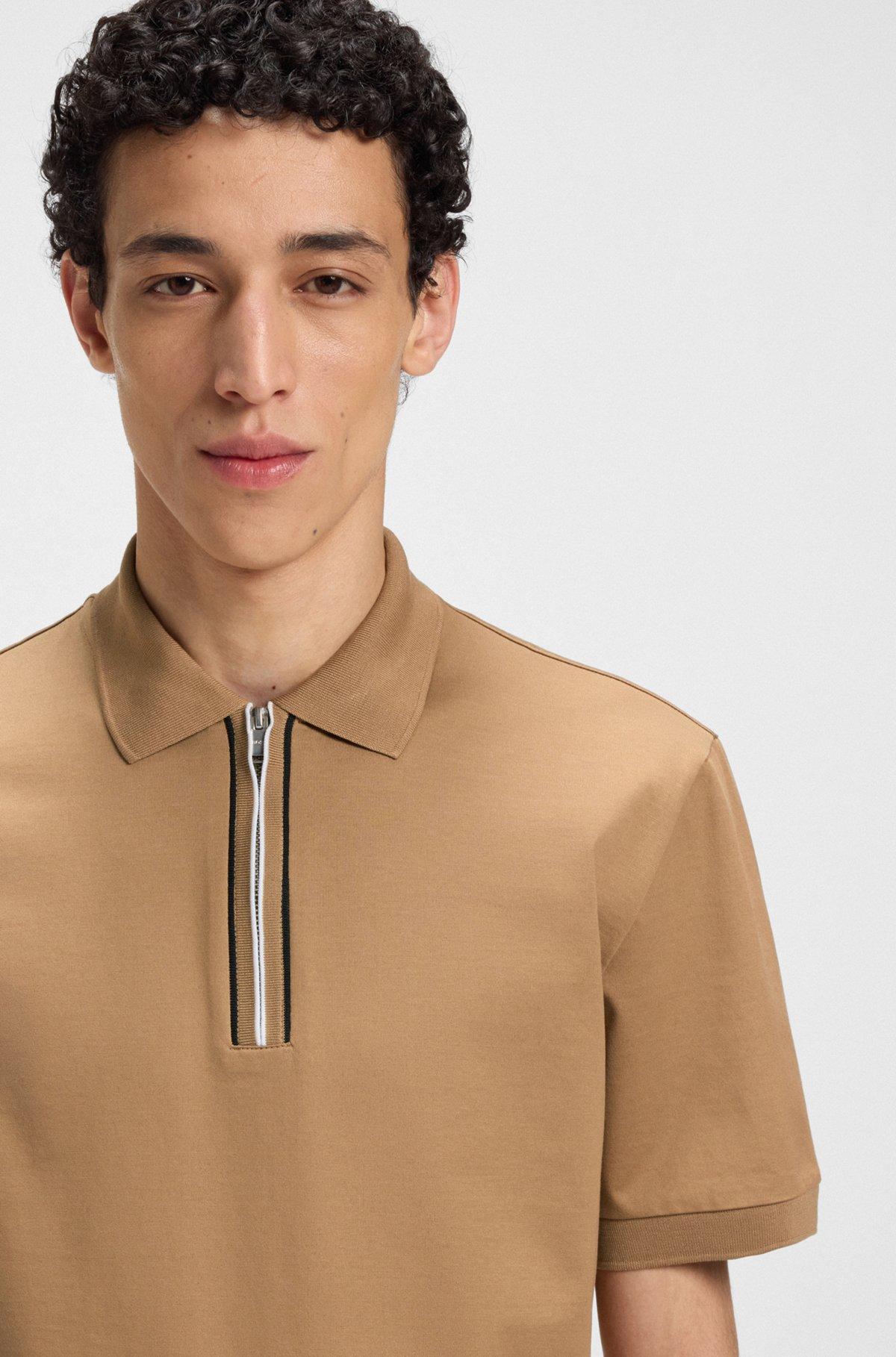 BOSS - Mercerized cotton polo shirt with contrast zip - Beige Product Image