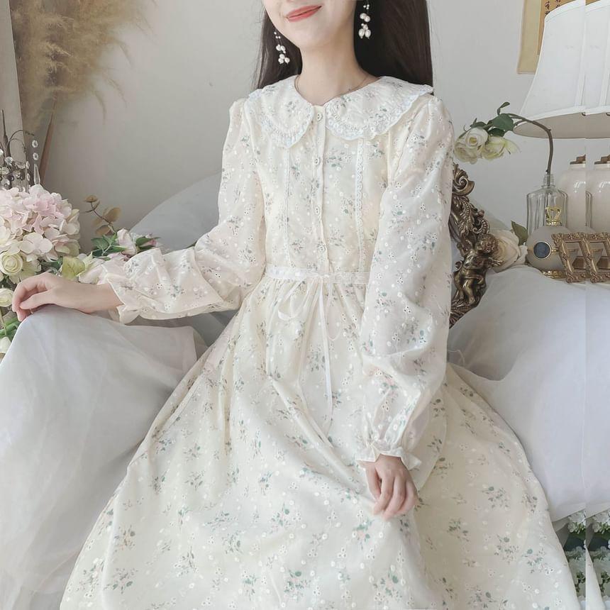 Long-Sleeve Peter Pan Collar Floral Print Lace Trim Half-Buttoned Midi A-Line Dress Product Image