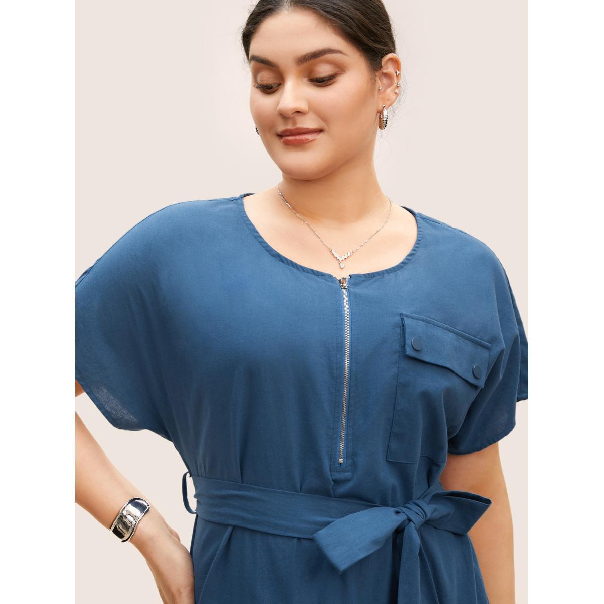 Plus Size Round Neck Half Zip Flap Detail Belted Dress Mediumblue Women Work From Home Belted Round Neck Short sleeve Curvy BloomChic 26/4X Product Image